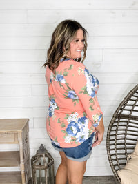 "Your Best Shot" Floral  3/4 Sleeve Split Neck (Peach)