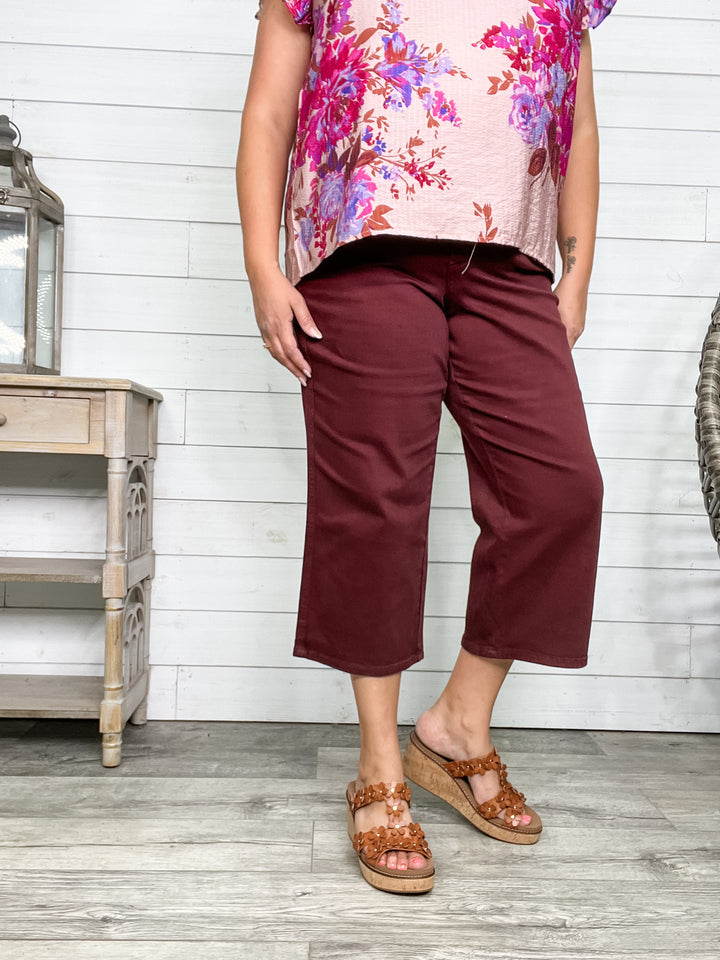 Judy Blue "Paul Bunyan" Tummy Control Oxblood Wide Leg Crops