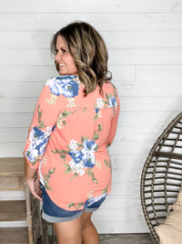 "Your Best Shot" Floral  3/4 Sleeve Split Neck (Peach)