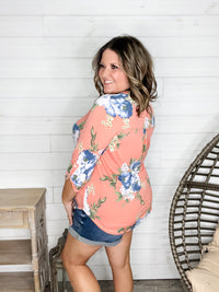 "Your Best Shot" Floral  3/4 Sleeve Split Neck (Peach)