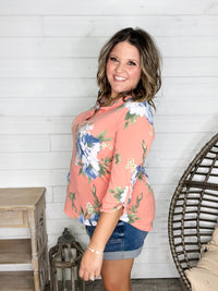"Your Best Shot" Floral  3/4 Sleeve Split Neck (Peach)