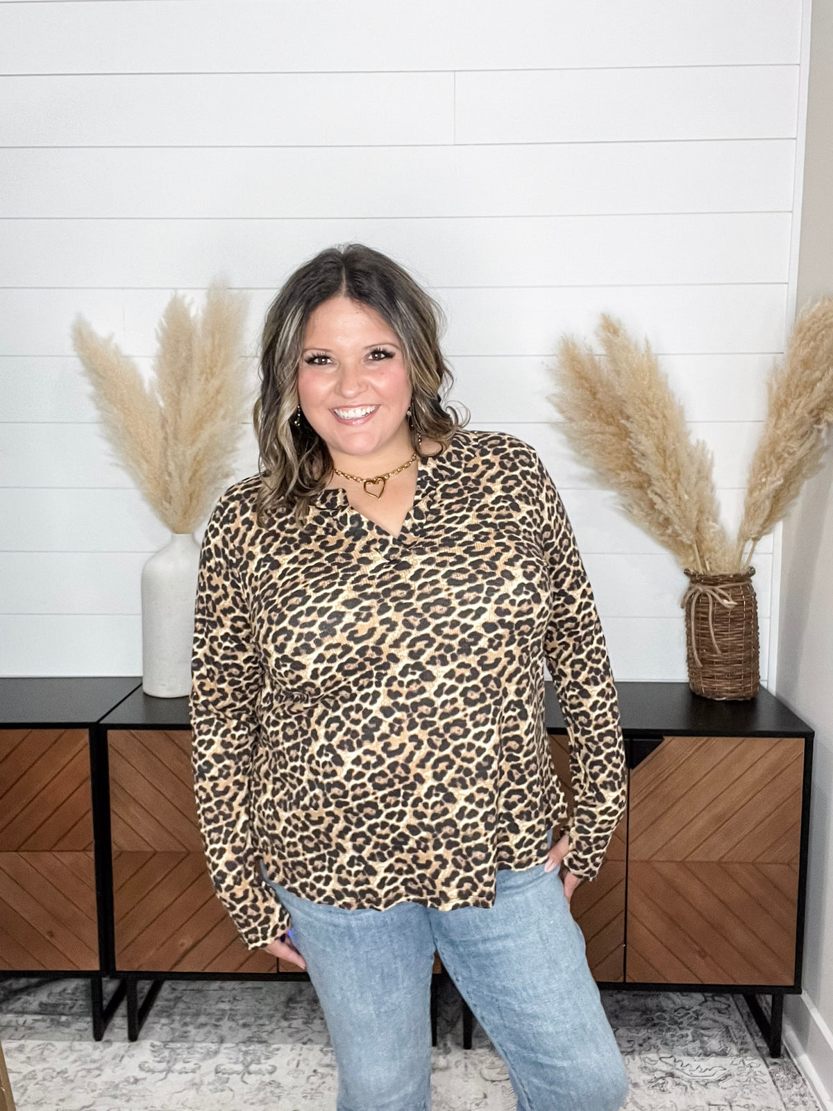 Dear Scarlett "Maxey" Animal Print Long Sleeve Split Neck