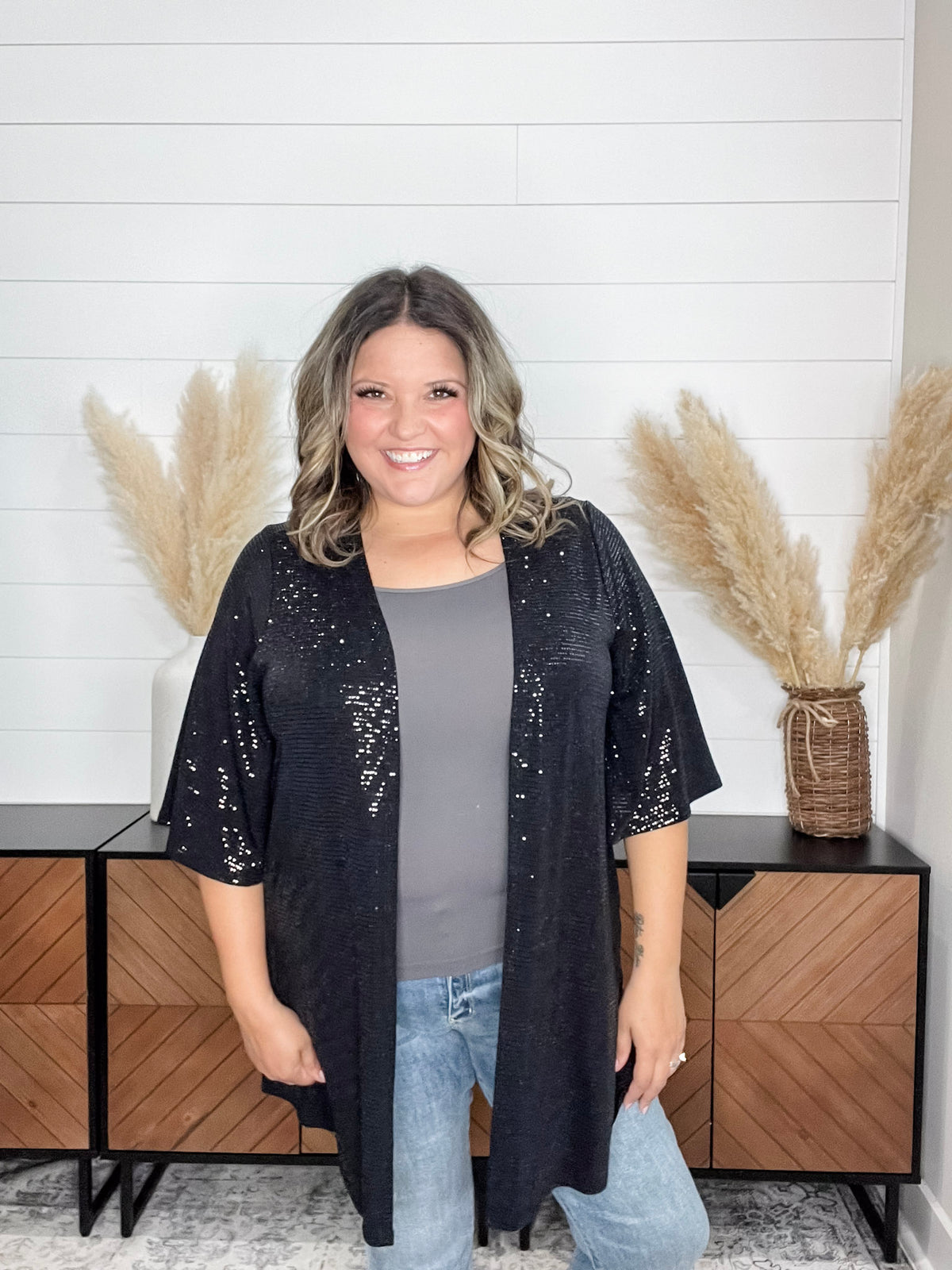 Dear Scarlett "Roosevelt" Short Sleeve Sparkle Cardigan with Double Ruffle Sleeve (Black)