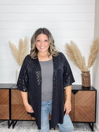Dear Scarlett "Roosevelt" Short Sleeve Sparkle Cardigan with Double Ruffle Sleeve (Black)