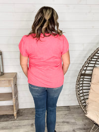 "Just The Beginning Chapter Two" Solid Tulip Sleeve V Neck (Coral)