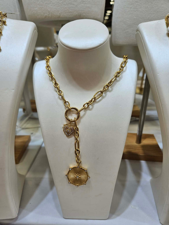 Water Resistant: Medallion and Heart Charm on Chain Link Necklace