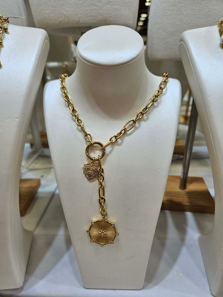 Water Resistant: Medallion and Heart Charm on Chain Link Necklace