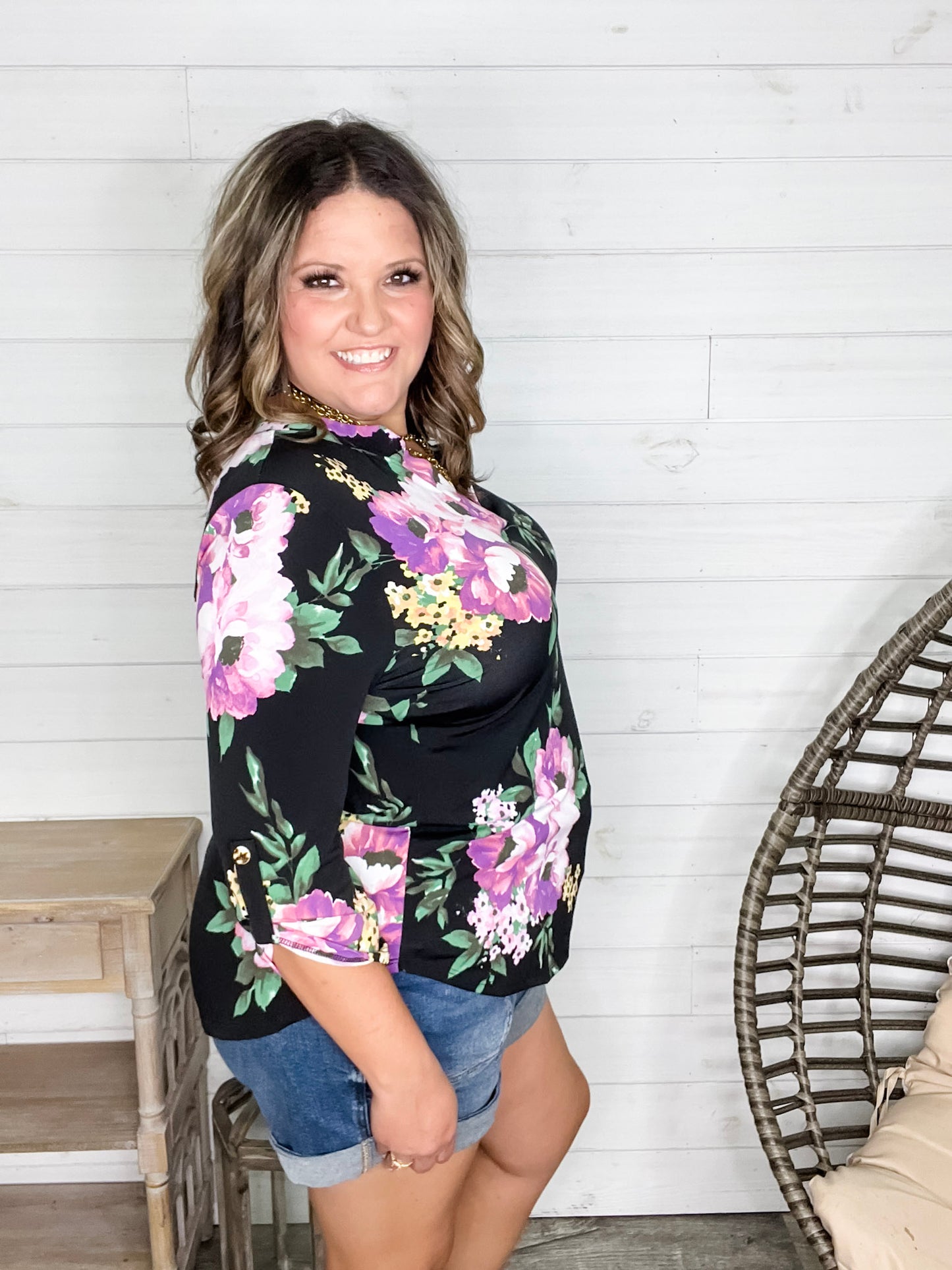 "Your Best Shot" Floral 3/4 Sleeve Split Neck (Black)