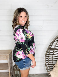 "Your Best Shot" Floral 3/4 Sleeve Split Neck (Black)