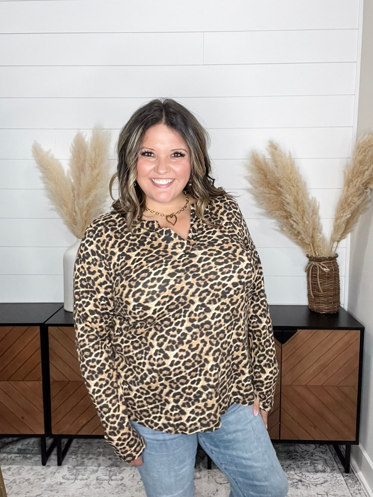 Dear Scarlett "Maxey" Animal Print Long Sleeve Split Neck