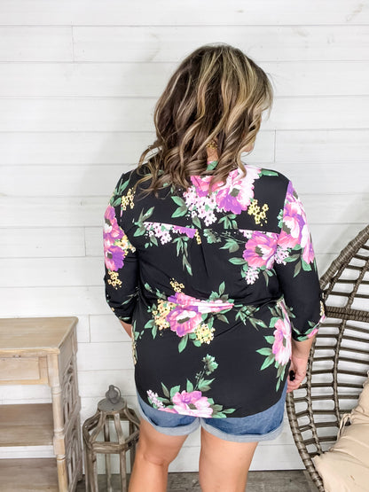 "Your Best Shot" Floral 3/4 Sleeve Split Neck (Black)