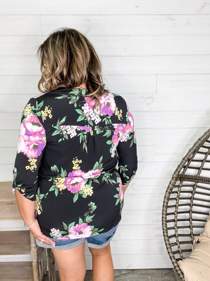 "Your Best Shot" Floral 3/4 Sleeve Split Neck (Black)