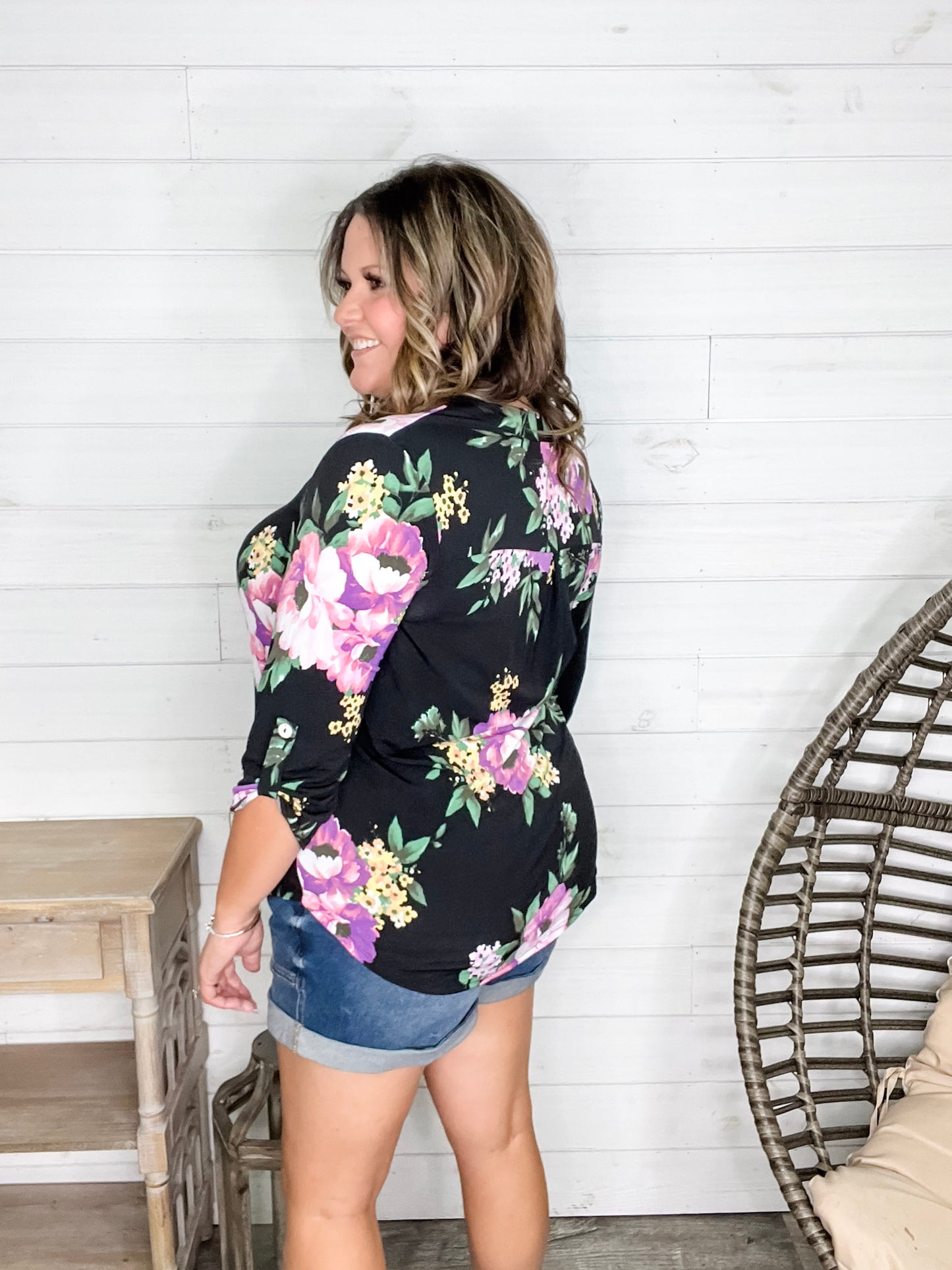 "Your Best Shot" Floral 3/4 Sleeve Split Neck (Black)