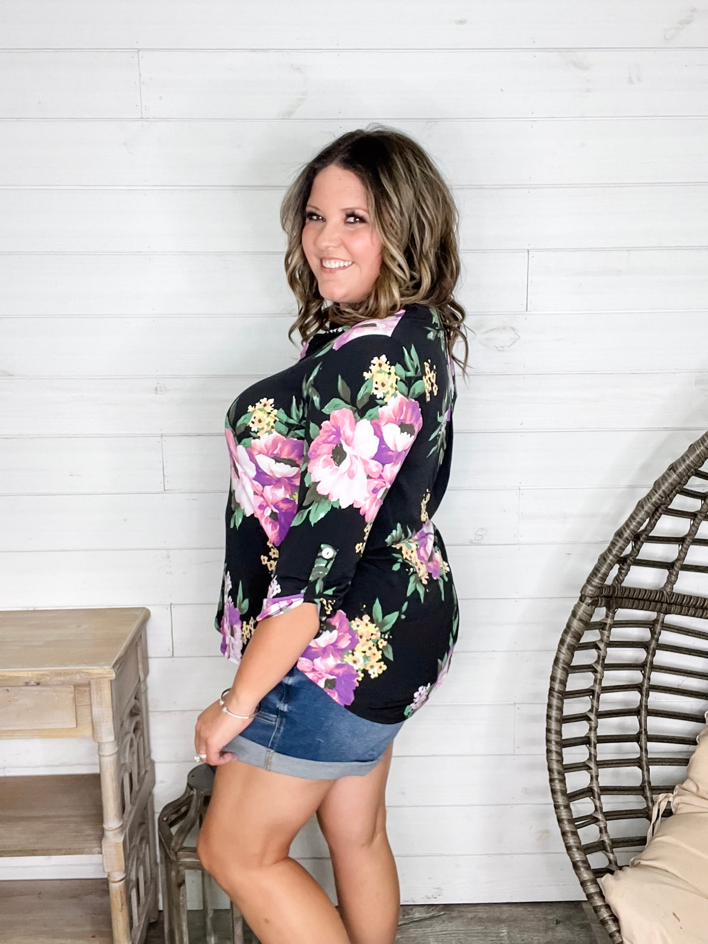 "Your Best Shot" Floral 3/4 Sleeve Split Neck (Black)