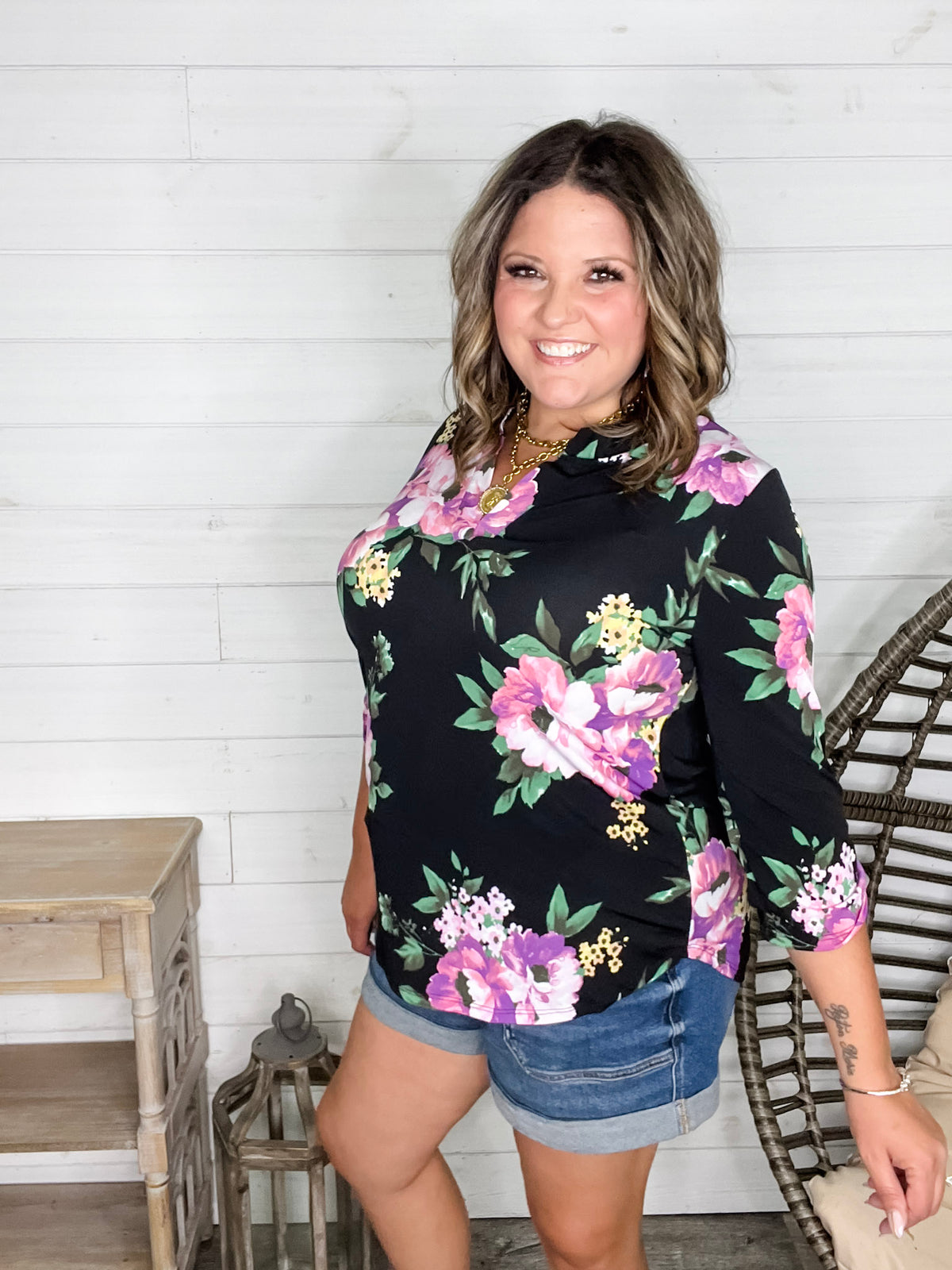 "Your Best Shot" Floral 3/4 Sleeve Split Neck (Black)