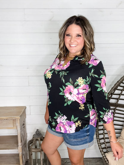 "Your Best Shot" Floral 3/4 Sleeve Split Neck (Black)