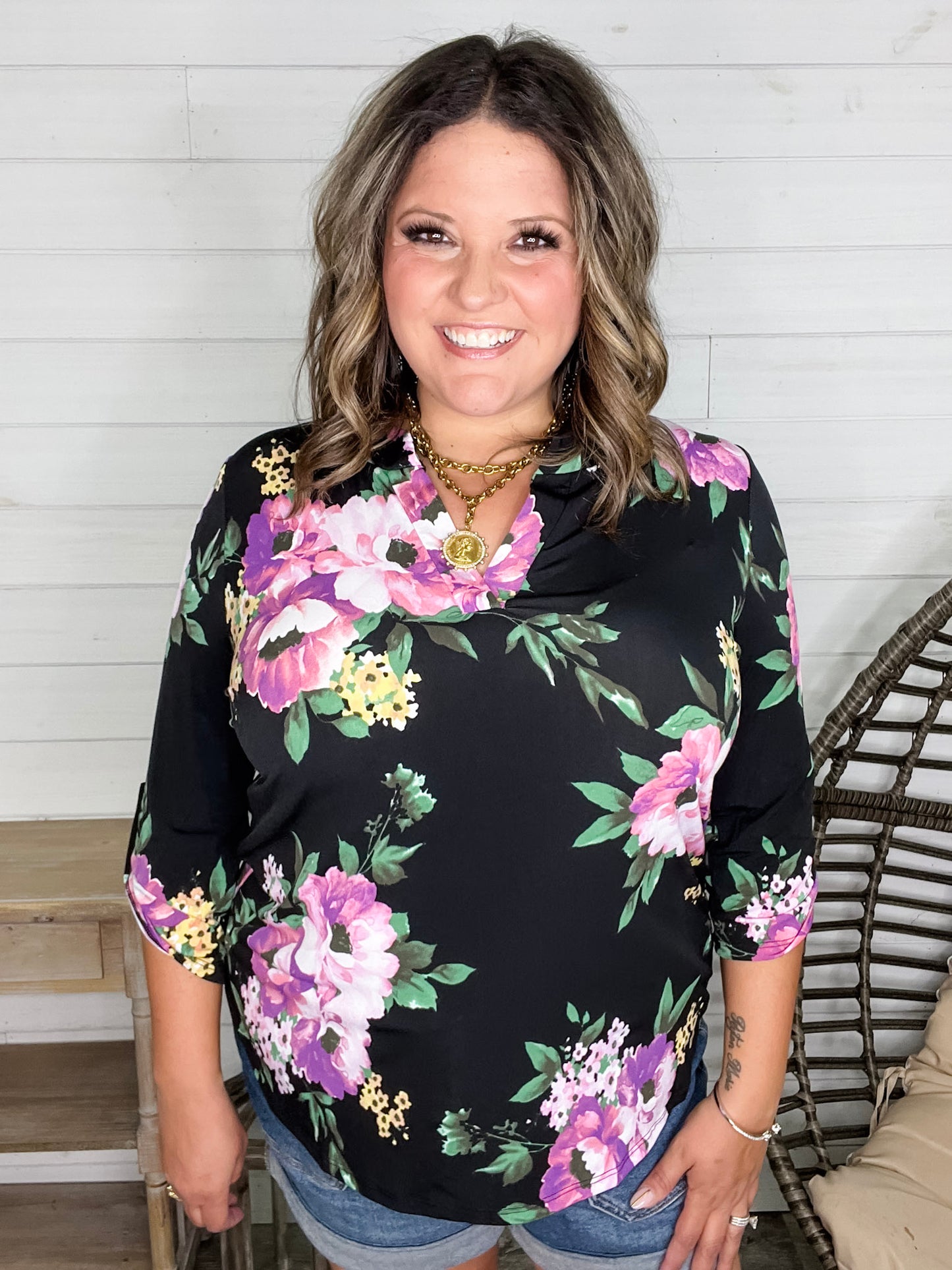 "Your Best Shot" Floral 3/4 Sleeve Split Neck (Black)