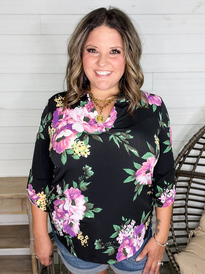 "Your Best Shot" Floral 3/4 Sleeve Split Neck (Black)