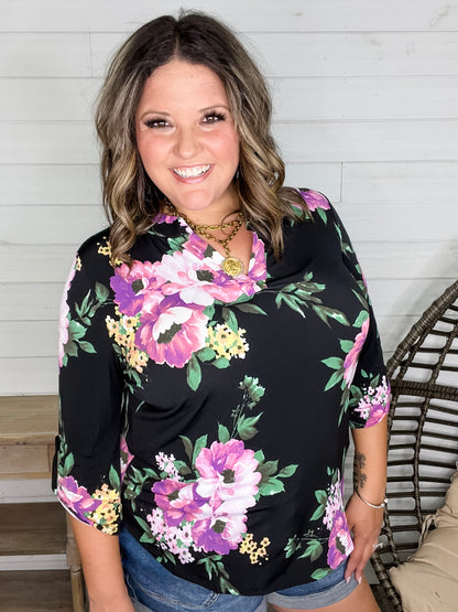 "Your Best Shot" Floral 3/4 Sleeve Split Neck (Black)