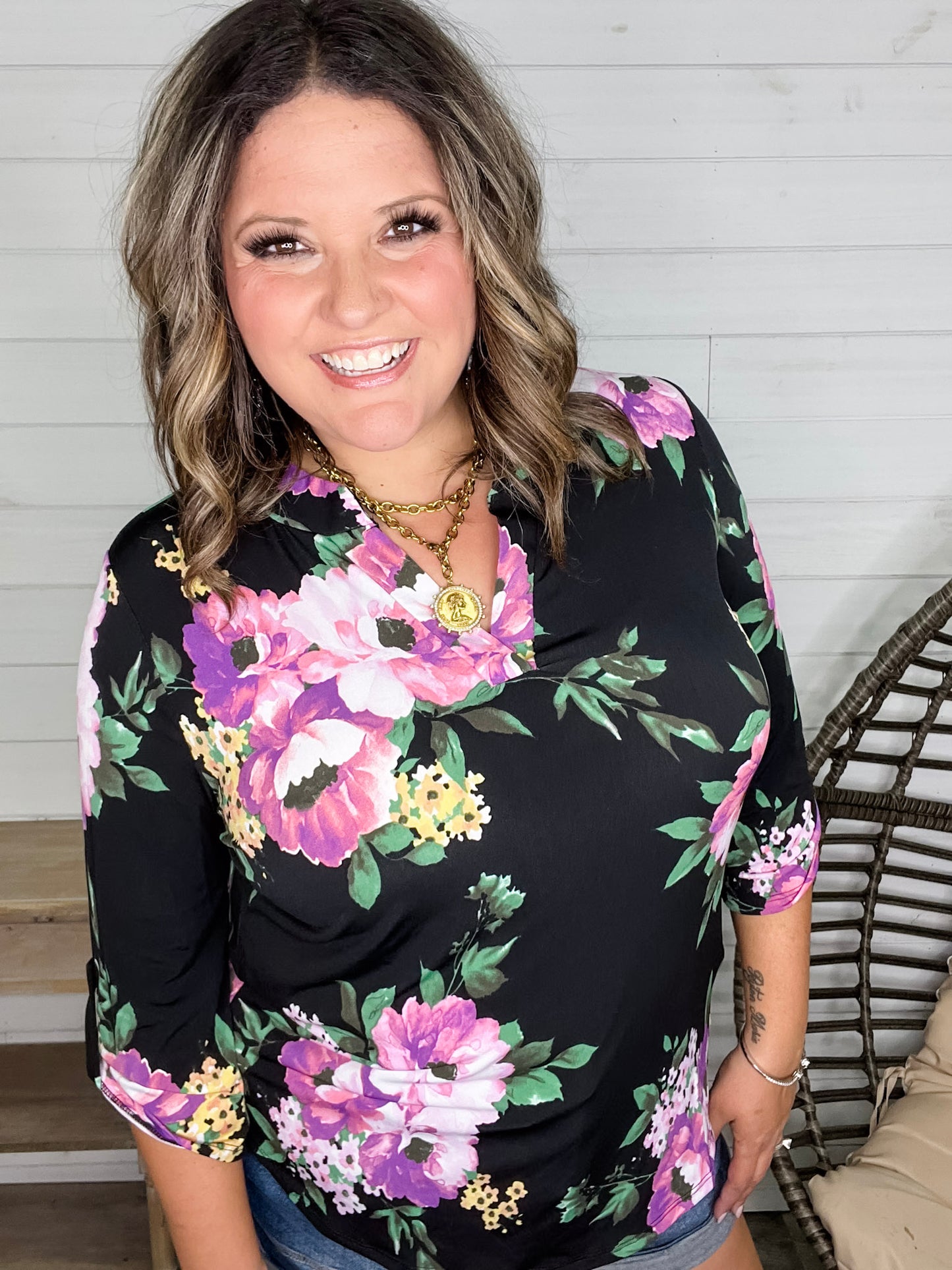 "Your Best Shot" Floral 3/4 Sleeve Split Neck (Black)