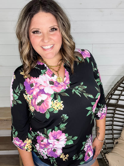 "Your Best Shot" Floral 3/4 Sleeve Split Neck (Black)