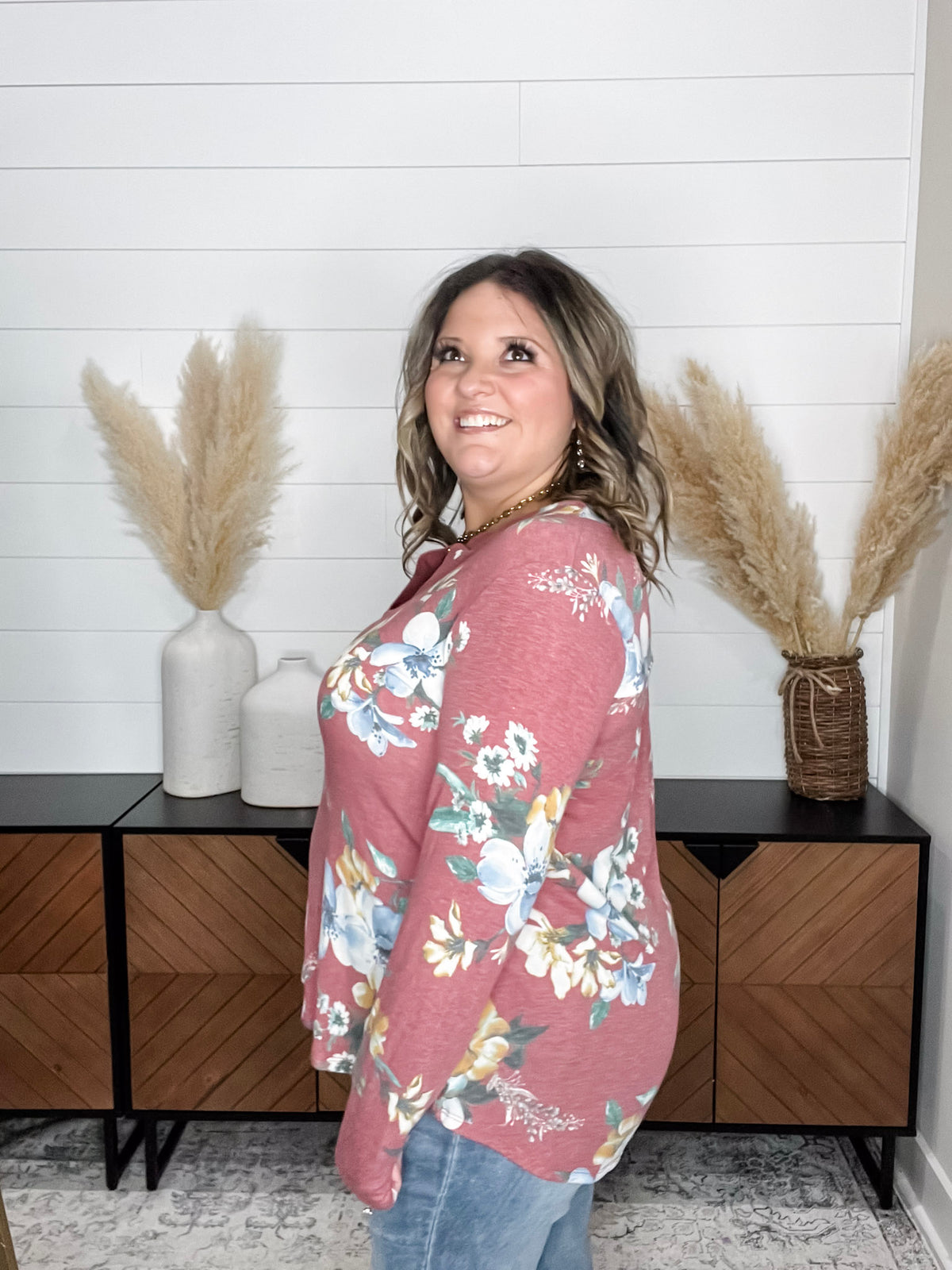 Dear Scarlett "Matter of Fact" Floral Long Sleeve Split Neck