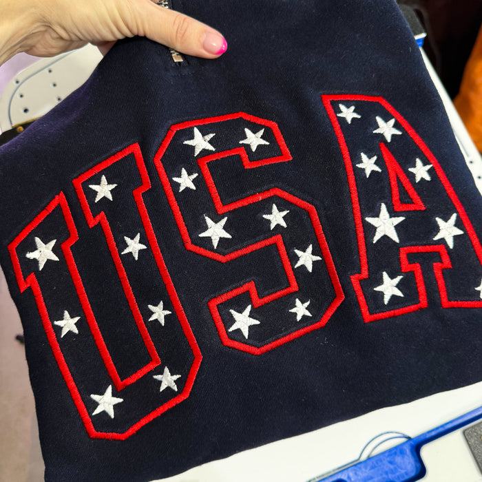JOCOink USA Stars embroidered quarter zip, navy, close-up embroidery | Lola Monroe Boutique