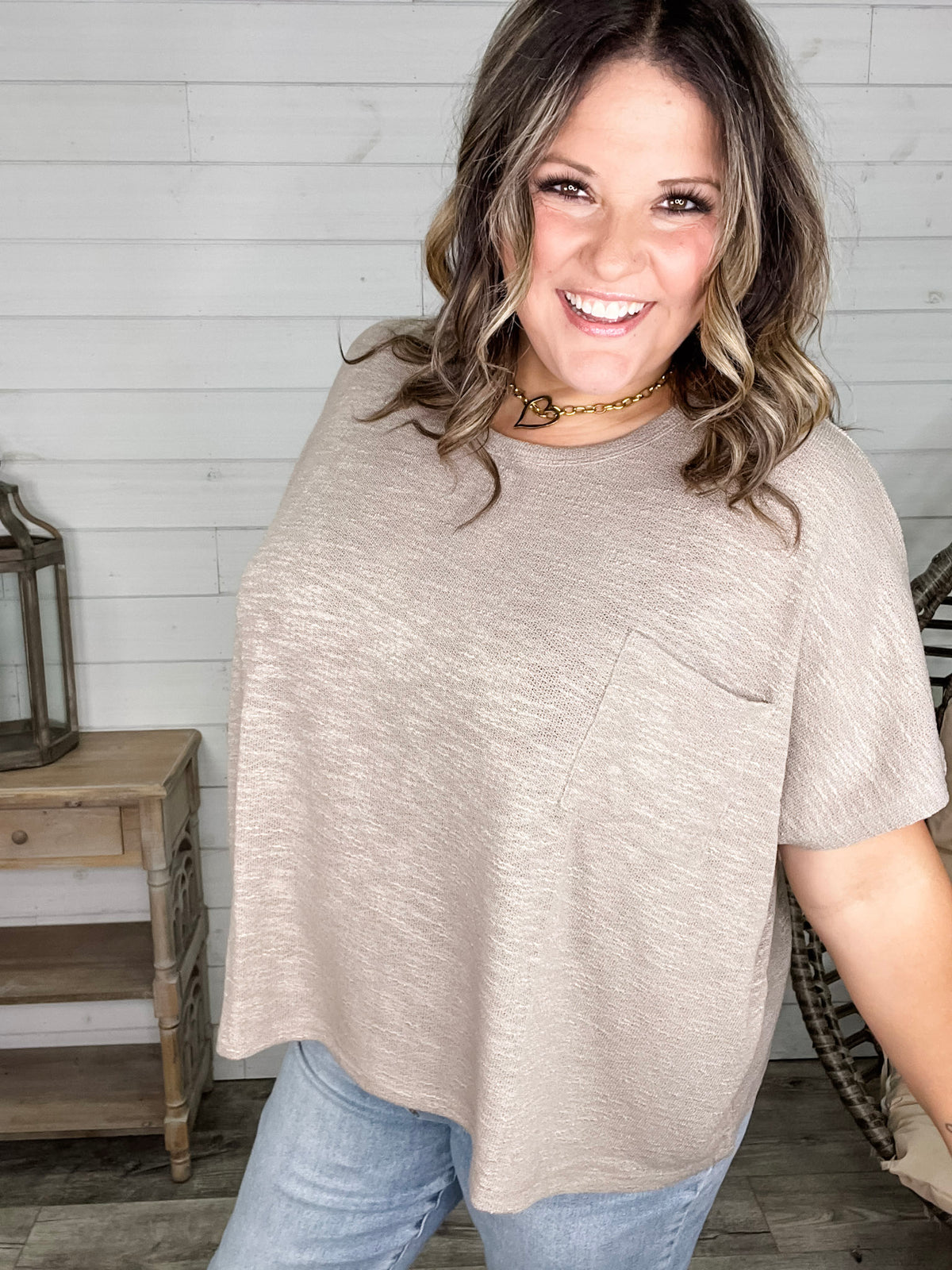 "Ponder" Oversized Hacci Tee with Chest Pocket (Ash Mocha)
