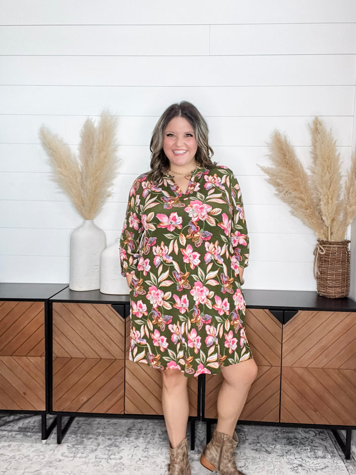 Dear Scarlett "Sodium" 3/4 Sleeve Split Neck Dress with Pockets