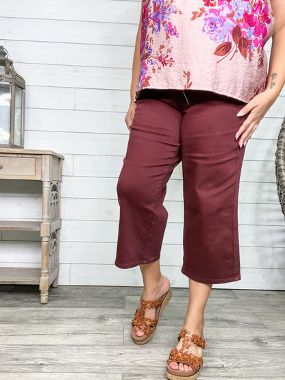 Judy Blue "Paul Bunyan" Tummy Control Oxblood Wide Leg Crops