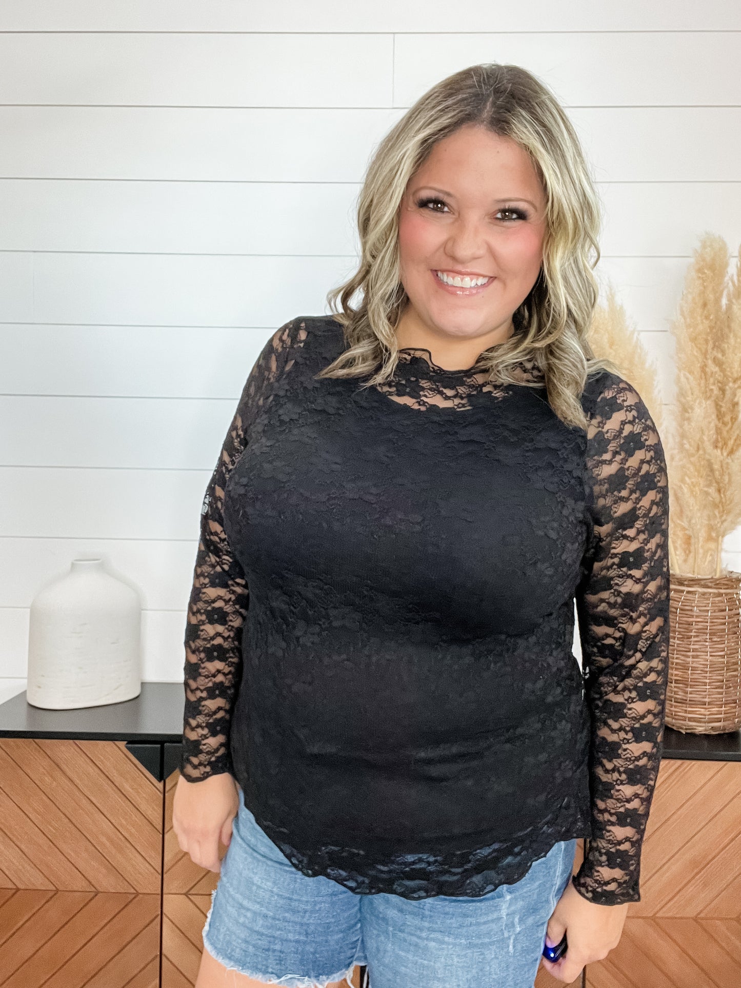 Black lace ruffle neck long sleeve top