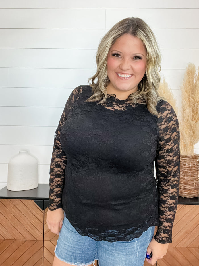 Black lace ruffle neck long sleeve top