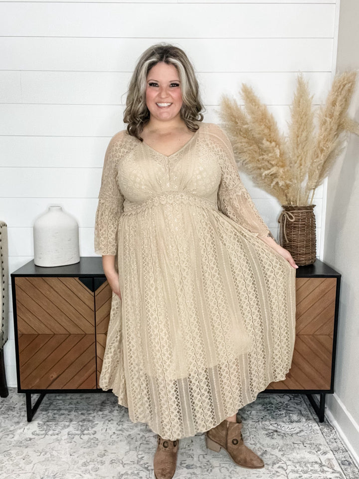 "Country In The Park" Long Sleeve V Neck Lace Dress (Taupe)