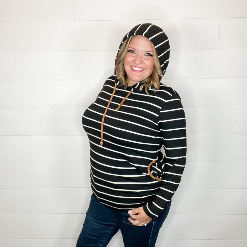 "Libby" Striped Hoodie with Faux Suede Elbow Patches