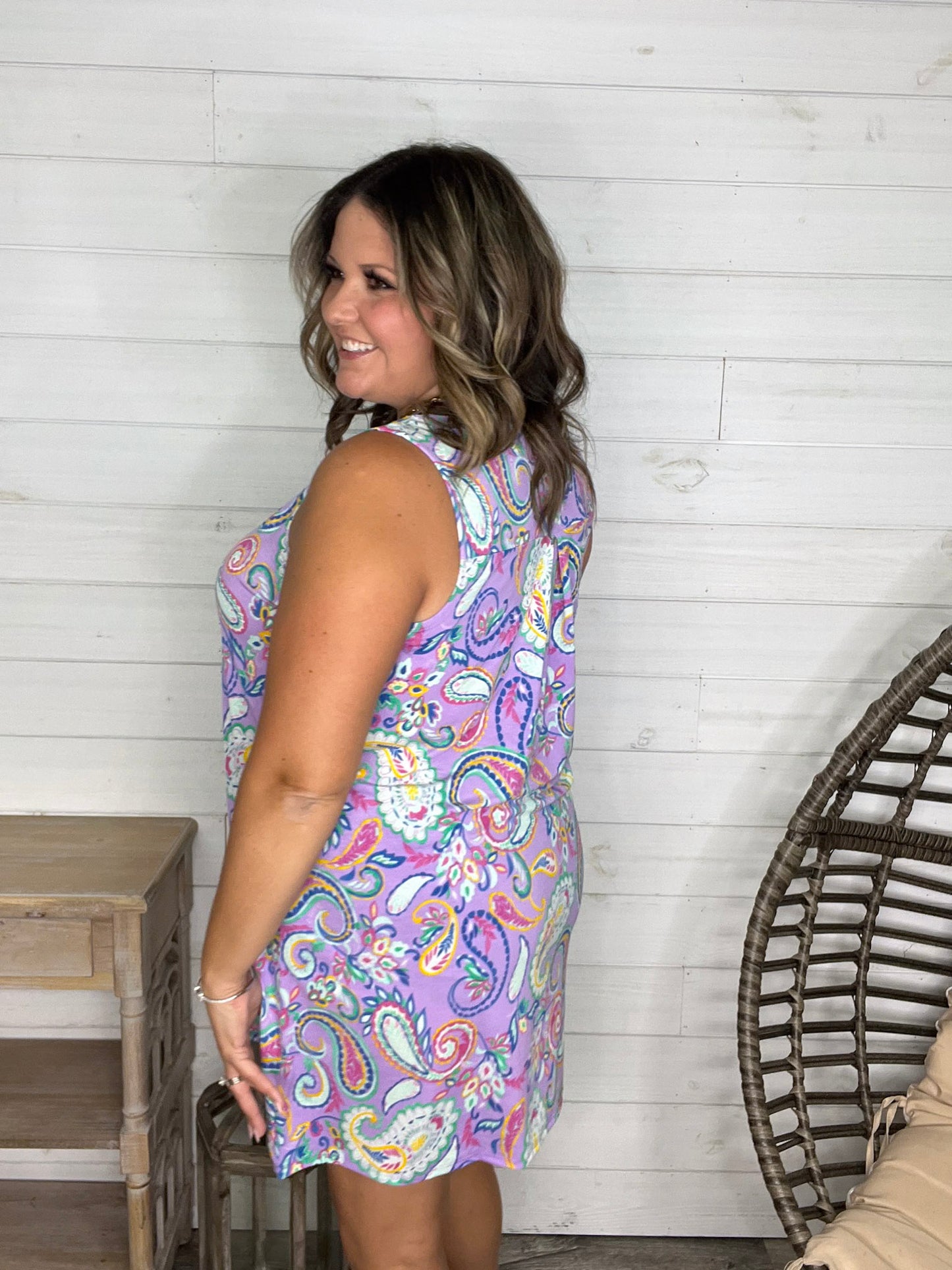"Trumpeter" Sleeveless Split Neck Dress with Pockets