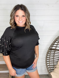 "Stay Classy" Round Neck Ruffle Tiered Sleeve with Pearl Detail
