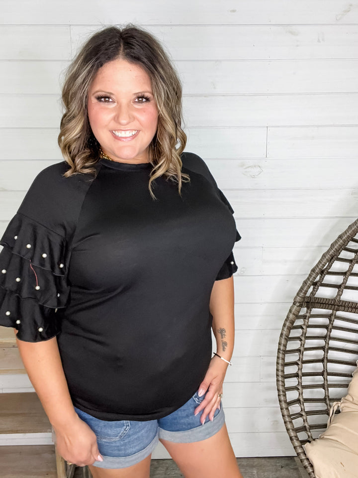 "Stay Classy" Round Neck Ruffle Tiered Sleeve with Pearl Detail