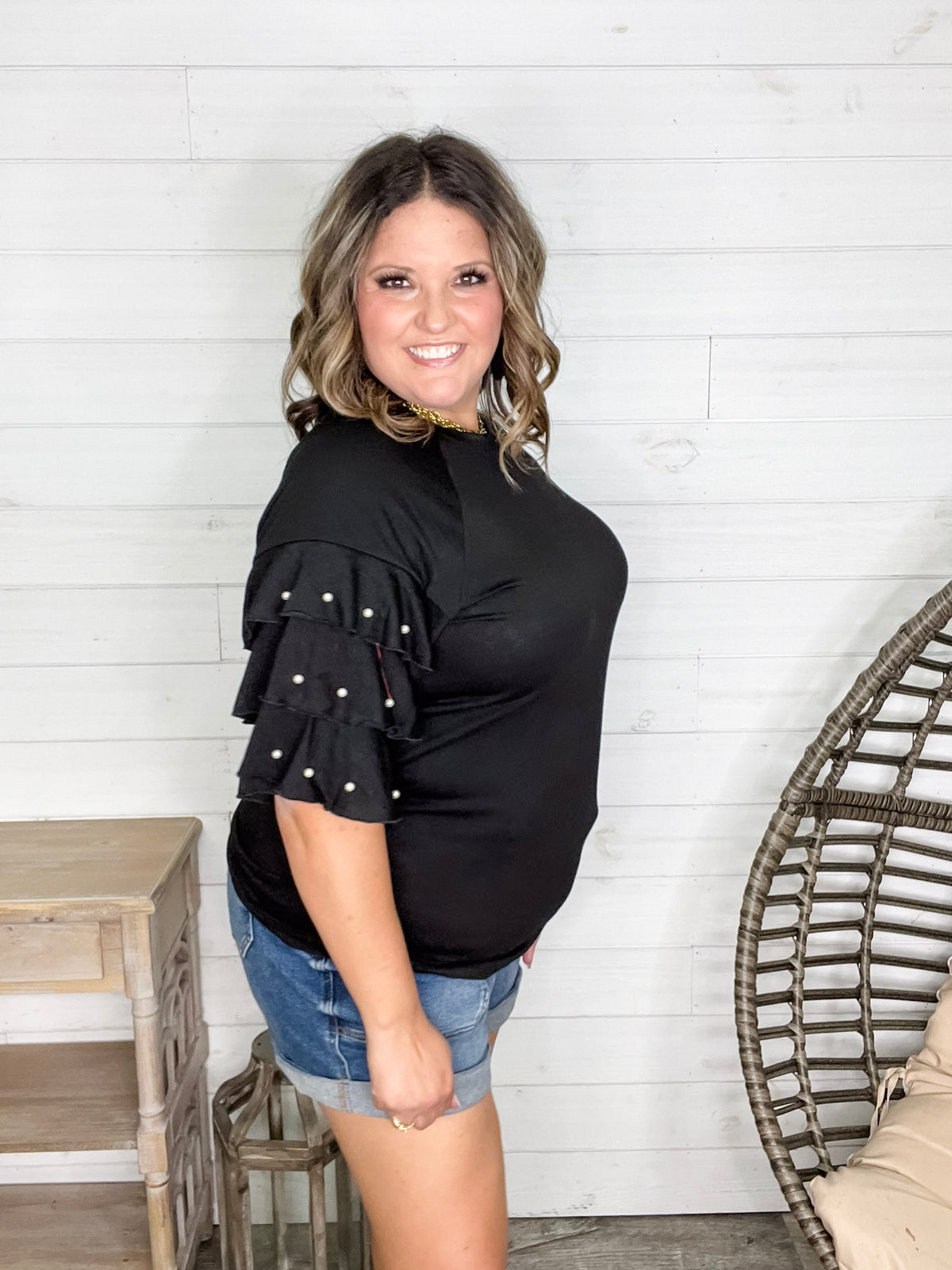 "Stay Classy" Round Neck Ruffle Tiered Sleeve with Pearl Detail