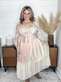 "Country In The Park" Long Sleeve V Neck Lace Dress (Patchwork)