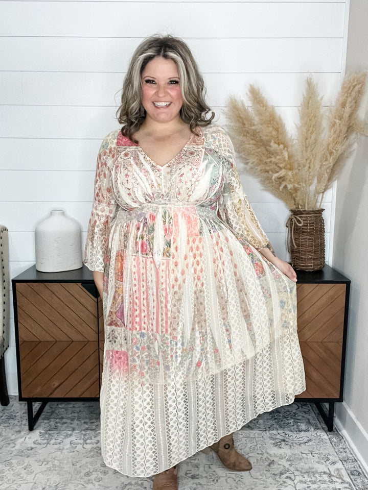 "Country In The Park" Long Sleeve V Neck Lace Dress (Patchwork)