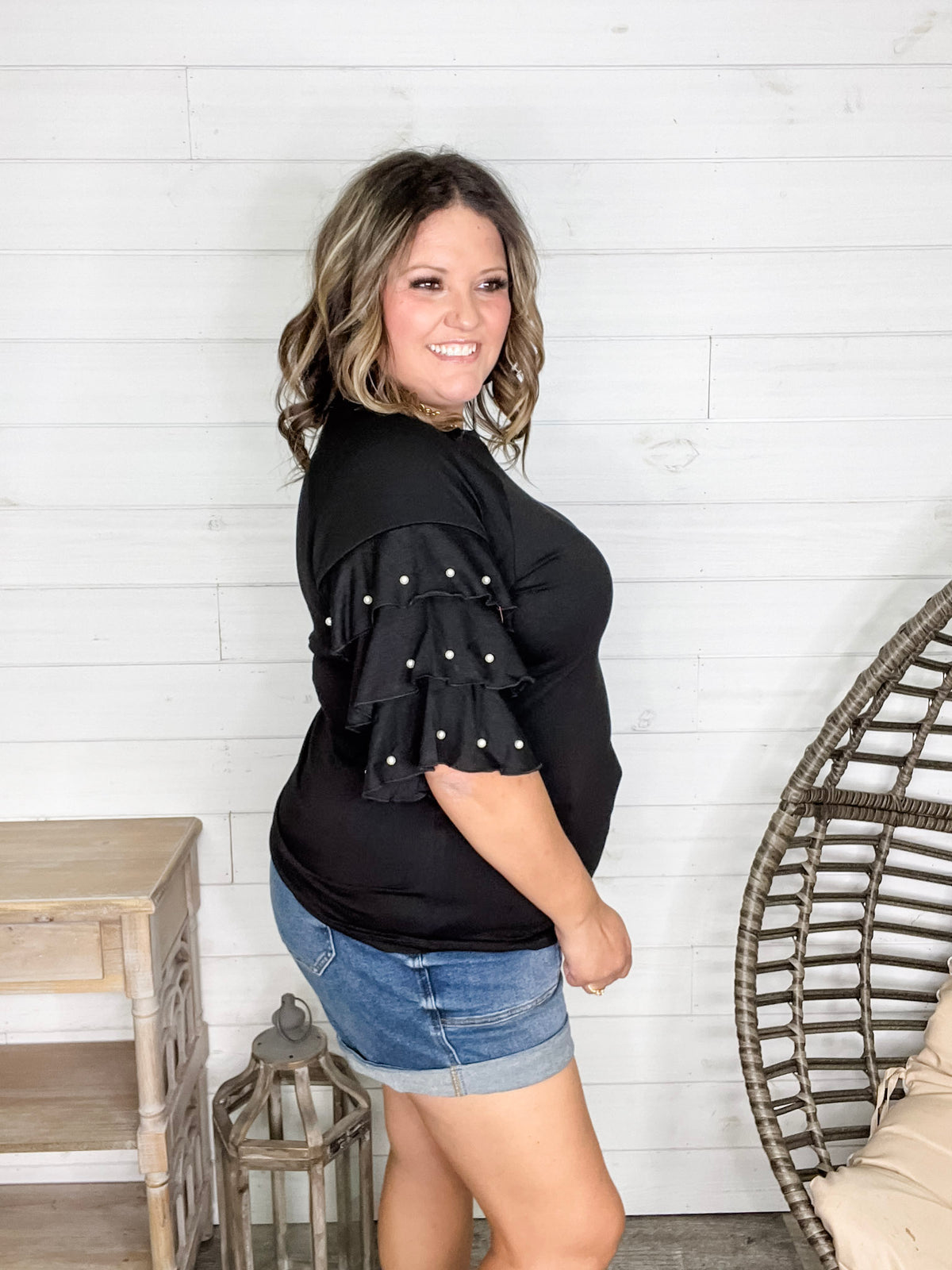 "Stay Classy" Round Neck Ruffle Tiered Sleeve with Pearl Detail