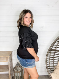 "Stay Classy" Round Neck Ruffle Tiered Sleeve with Pearl Detail