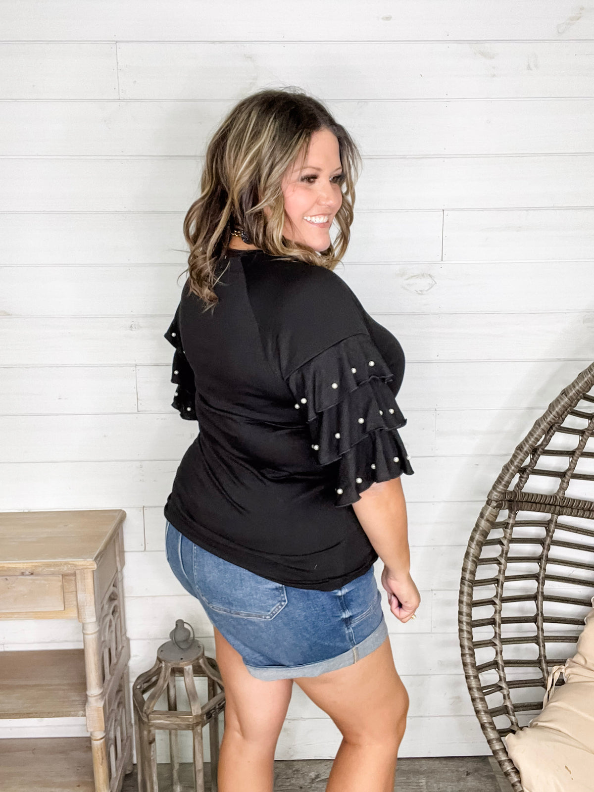 "Stay Classy" Round Neck Ruffle Tiered Sleeve with Pearl Detail