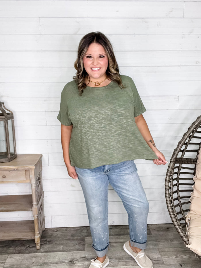 "Ponder" Oversized Hacci Tee with Chest Pocket (Light Olive)