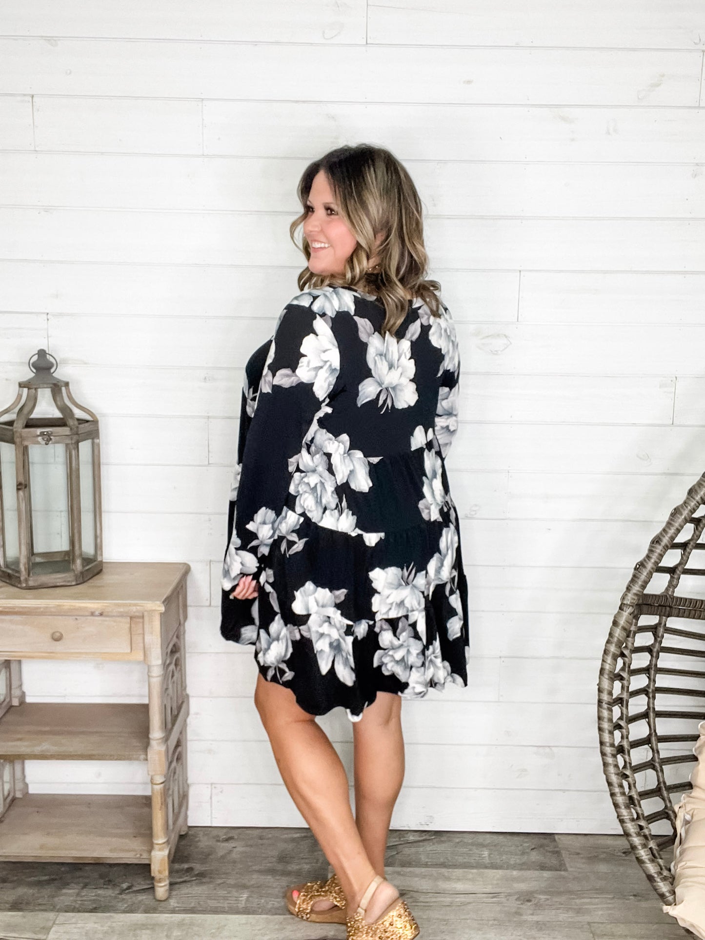 "Underground" Floral Long Sleeve Tiered Dress