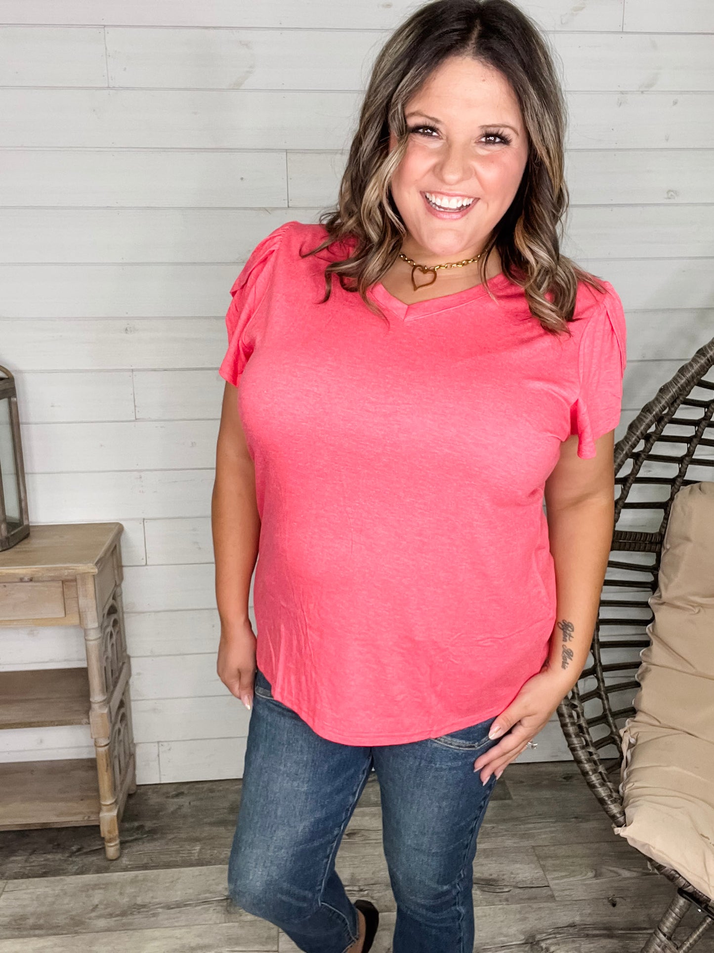 "Just The Beginning Chapter Two" Solid Tulip Sleeve V Neck (Coral)
