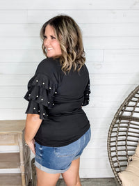 "Stay Classy" Round Neck Ruffle Tiered Sleeve with Pearl Detail
