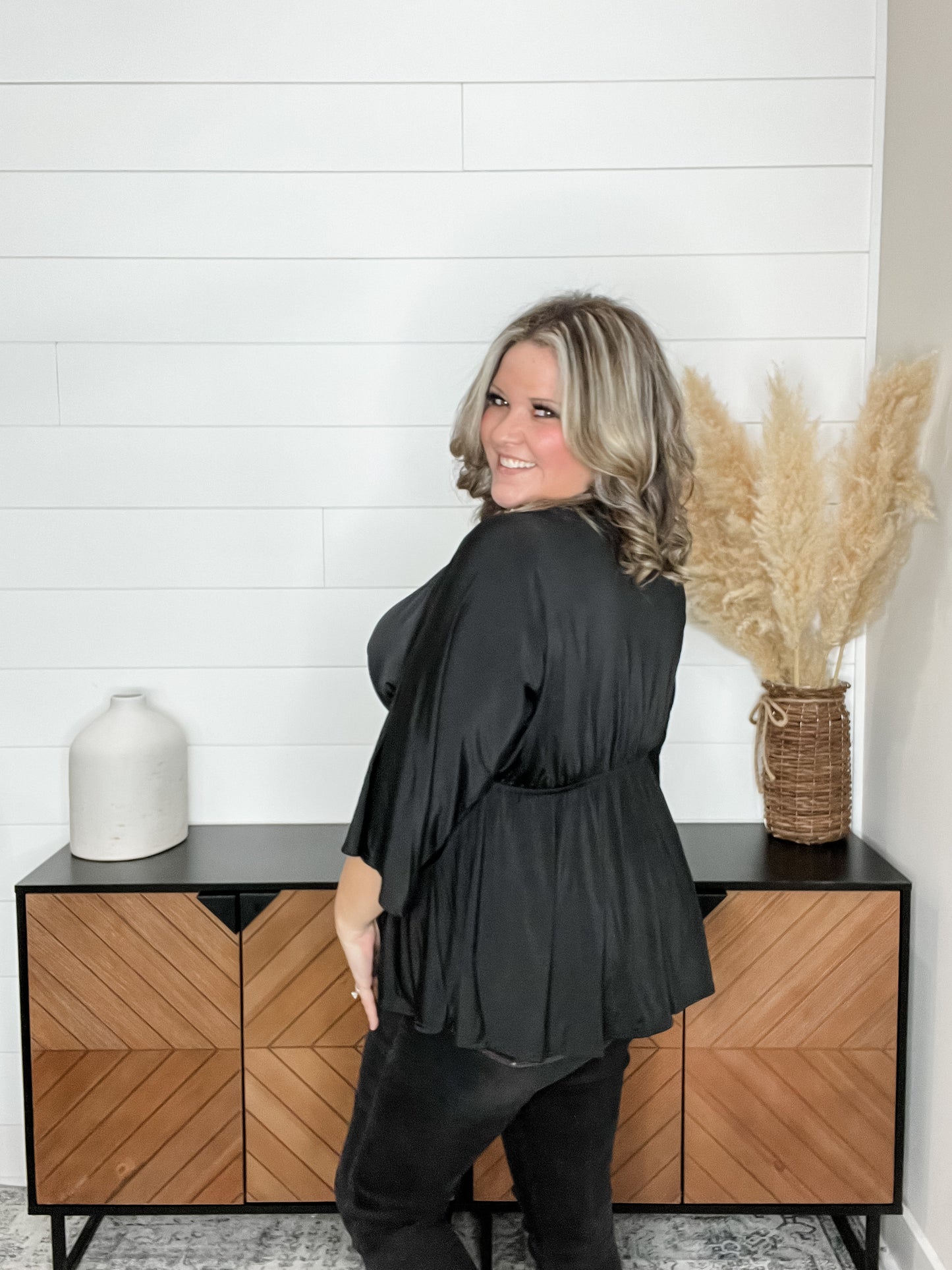 "Undertaking" 3/4 Sleeve V Neck with Elastic Empire Waist (Black)