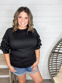 "Stay Classy" Round Neck Ruffle Tiered Sleeve with Pearl Detail