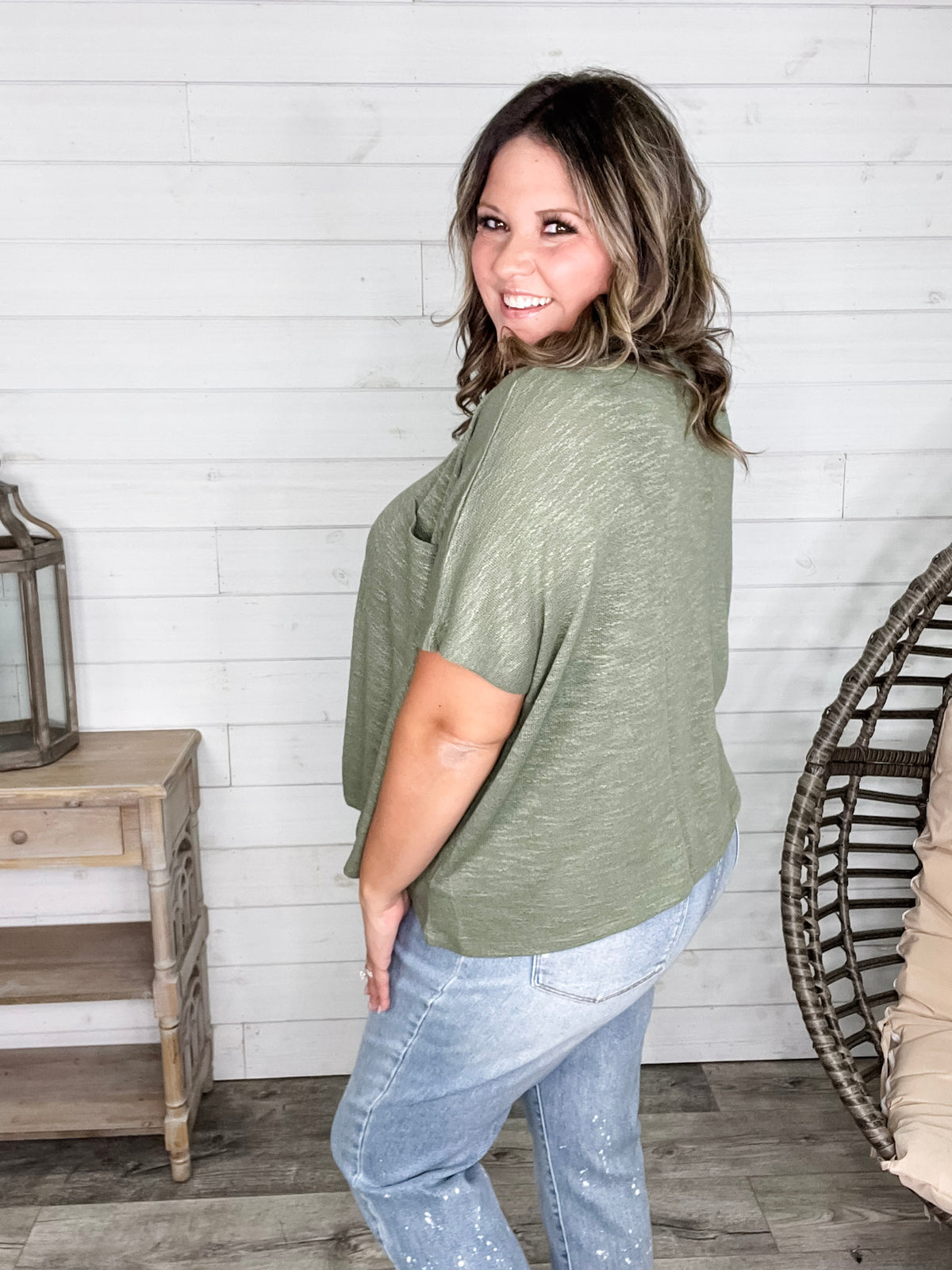 "Ponder" Oversized Hacci Tee with Chest Pocket (Light Olive)